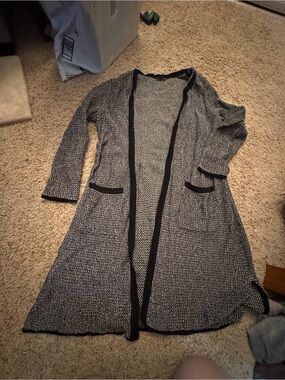 J. Jill Black and White Long Open-Front Cardigan